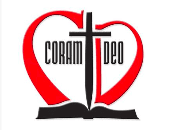 Red heart and black cross logo featuring the words "CORAM DEO" centered over an open book, symbolizing faith and devotion.