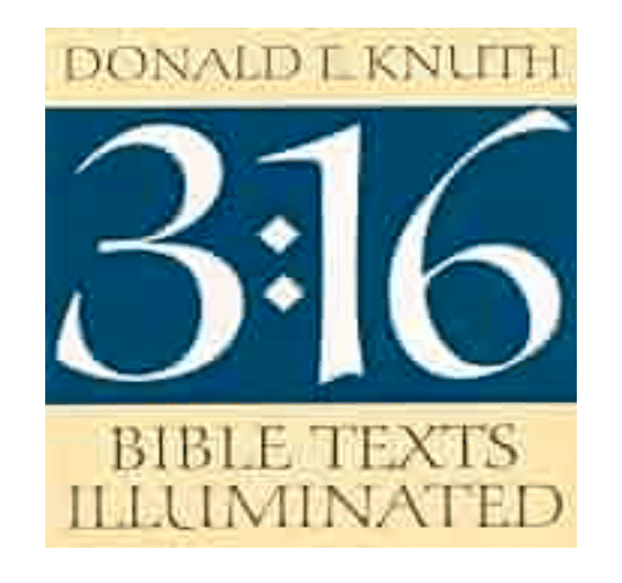 Cover design for "3:16 Bible Texts Illuminated" by Donald E. Knuth, displaying large numbers and elegant typography on a blue and cream background.