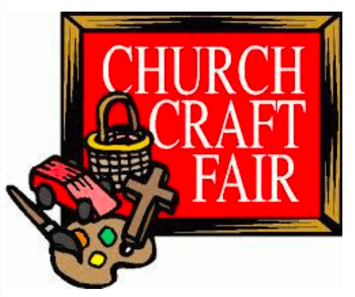 Red sign for "Church Craft Fair" with a basket, toy car, cross, and paint palette in front.
