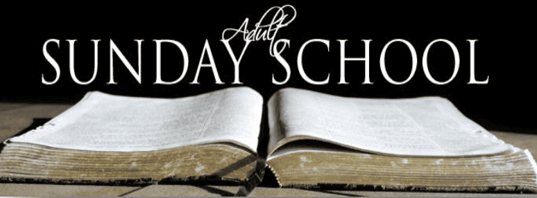 An open book on a table below the text "Adult Sunday School" in a bold font, against a black background.